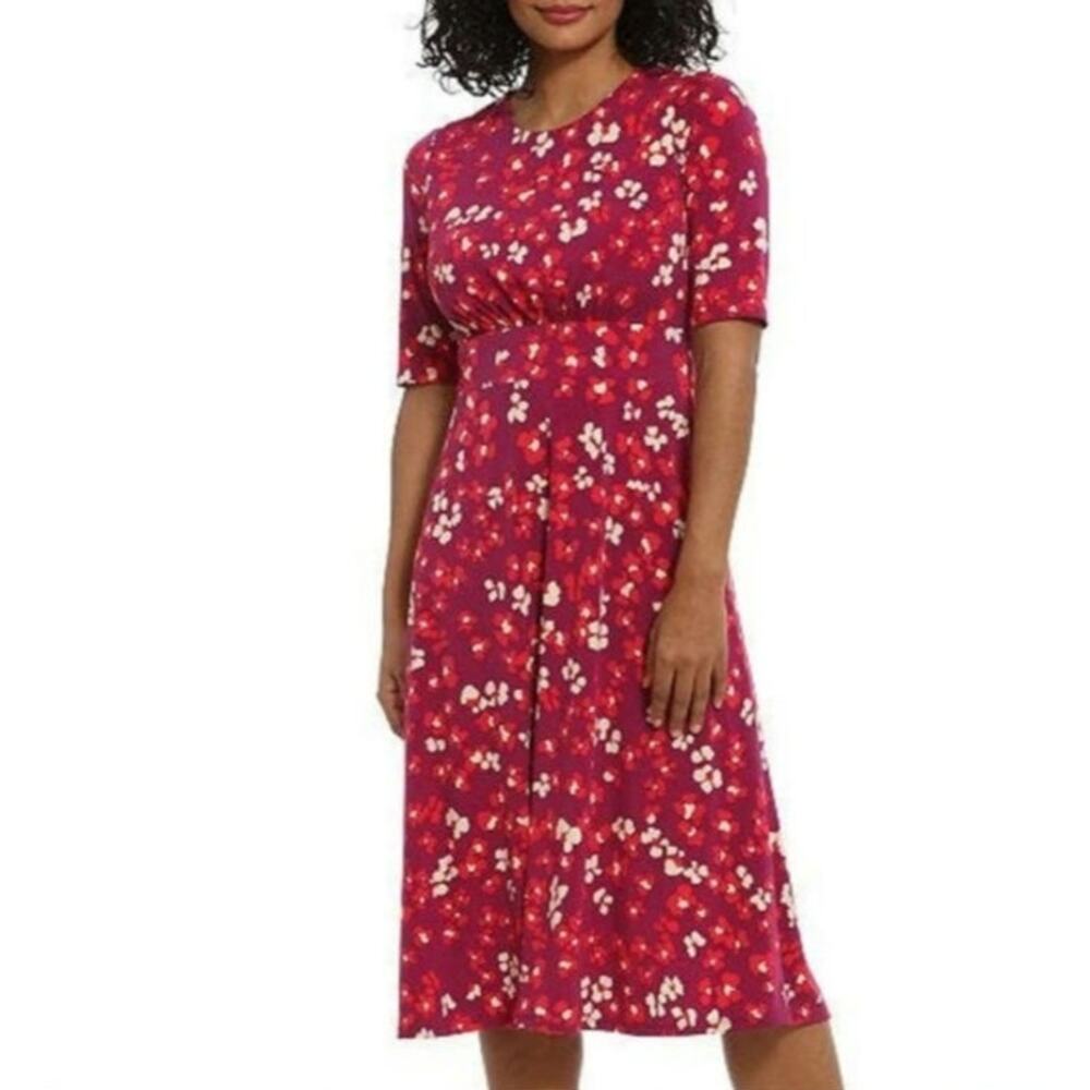 London Times Inset Waist Short Sleeve Midi Dress Berry/Coral NWT Size 10